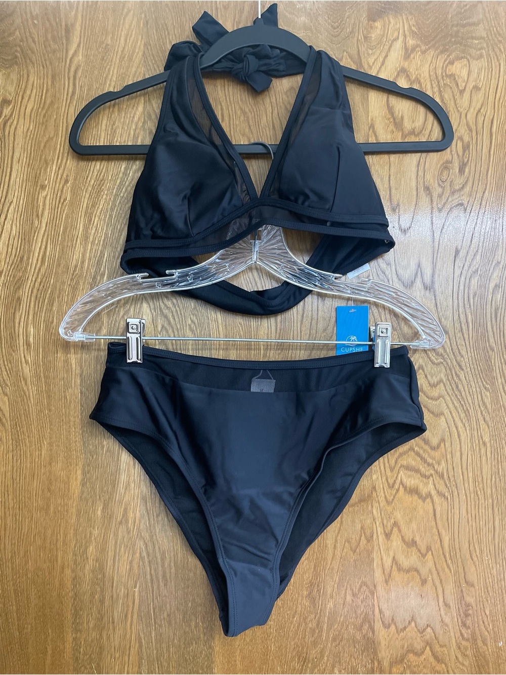 Medium Swimsuit Black Women's Halter Bikini Set mesh cutout v-neck boho summer